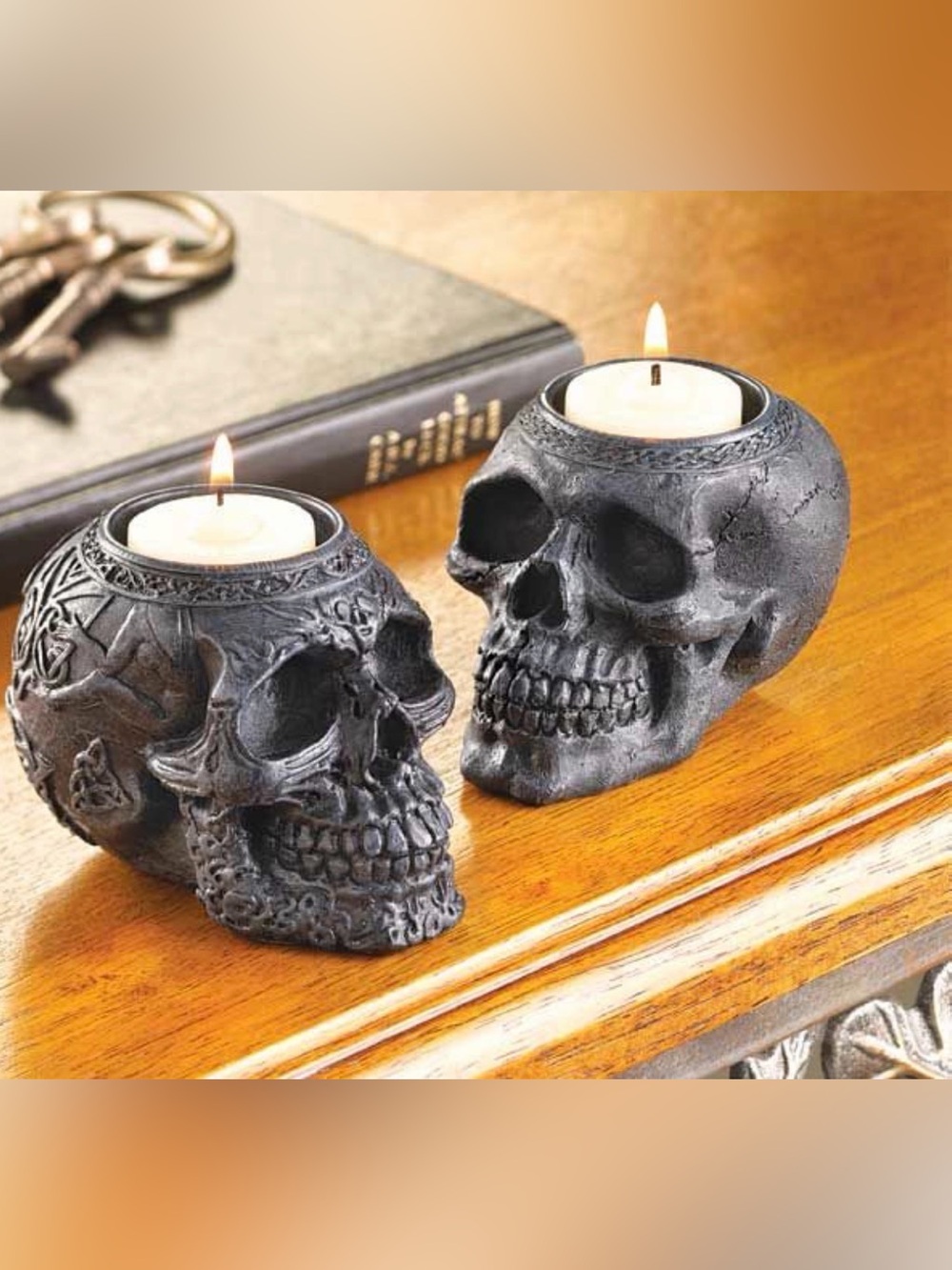 Decorative Black Skull Tea Light Candle Holders - Gothic Home Accent